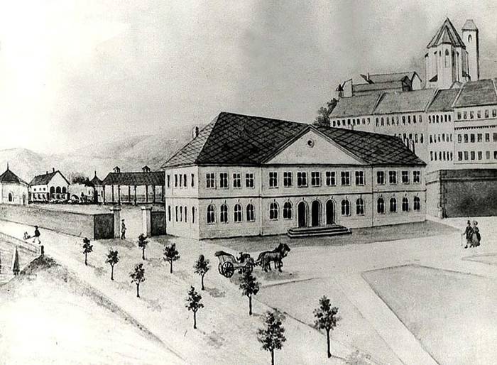 Szkic pierwszego czołowego dworca w Brnie. Fot. Wikimedia Commons, Public Domain