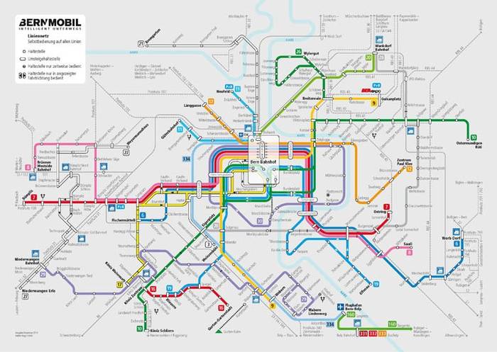 Plan linii tramwajowych, trolejbusowych i autobusowych Bernmobil