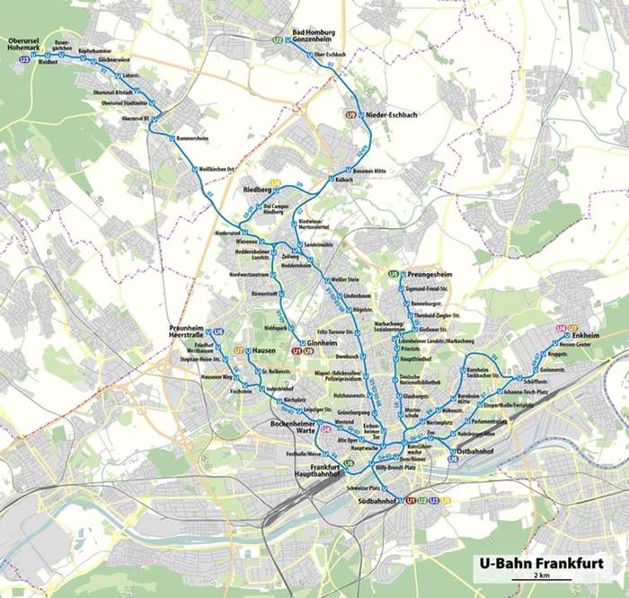 Plan sieci metra we Frankfurcie nad Menem. Fot. OpenStreetMap, Wikimedia Commons, cc-by-sa2.0