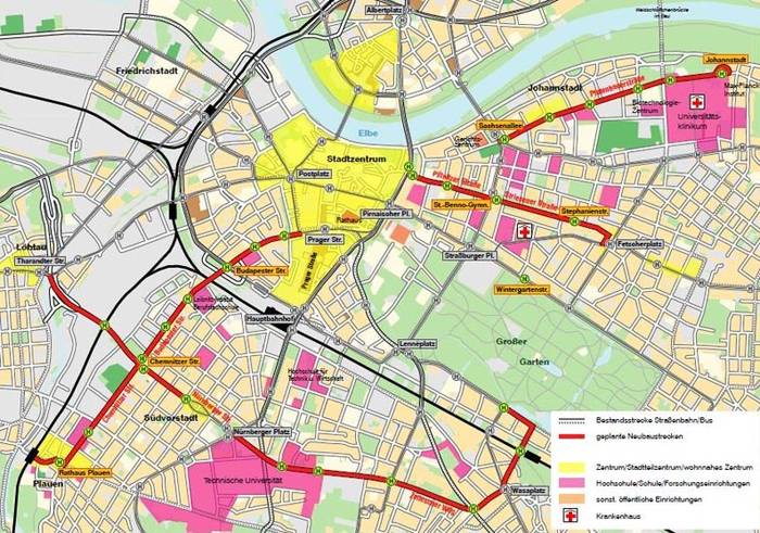 Na czerwono zaznaczone są nowe odcinki w ramach programu Stadtbahn 2020. Fot. DVB Dresden