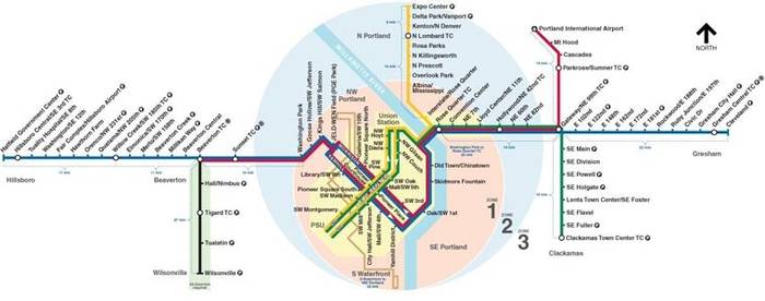 Na czarno kolej podmiejska, brązowy tramwaj, pozostałe kolory kolejka podmiejska. Fot. TriMet