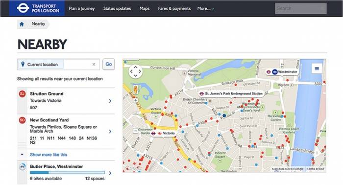Nowa strona internetowa TfL: funkcja 'nearby' na komputerze