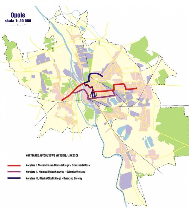 Korytarze autobusowe wysokiej jakości w Opolu (źródło: Plan zrównoważonego rozwoju publicznego transportu zbiorowego dla miasta Opola / Trako)