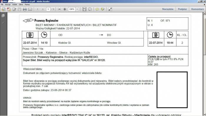Bilet na przejazd IR Galicja