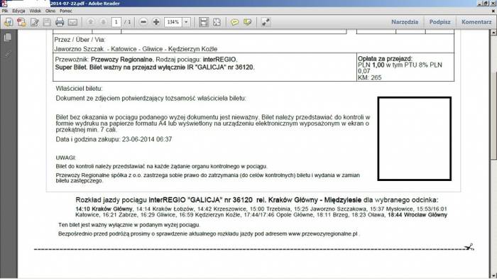 Bilet na przejazd IR Galicja