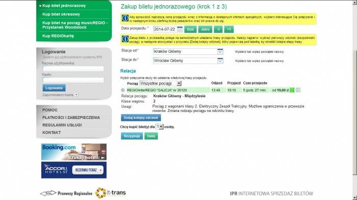 Panel zakupu biletów PR
