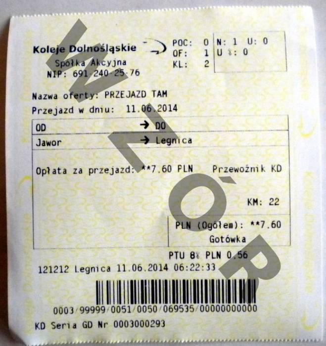 Wzór biletu jednorazowego (opcja szybki bilet - tylko bilety wg taryfy podstawowej) nabytego u obsługi pociągu z terminala mobilnego