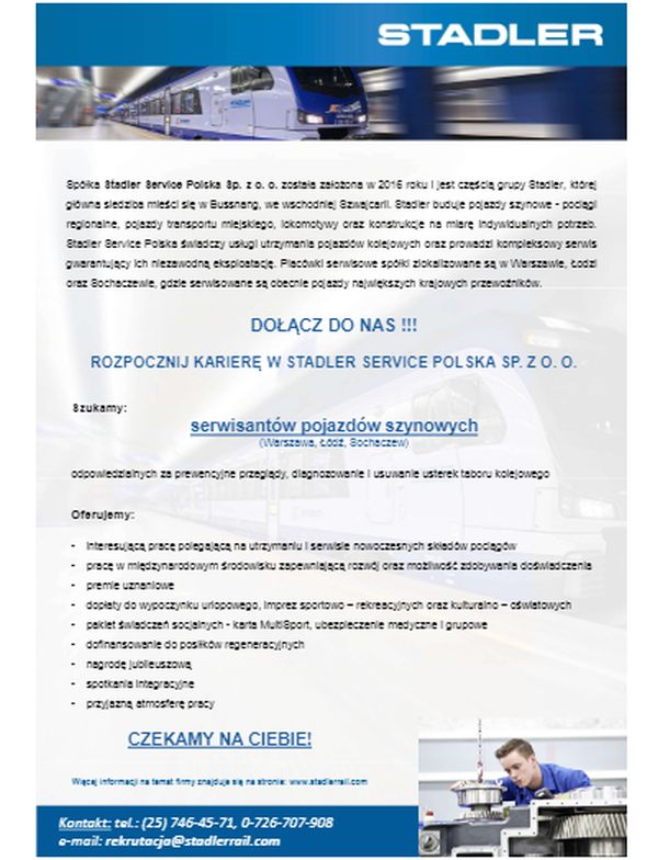 Stadler Service Polska szuka serwisantów pojazdów szynowych