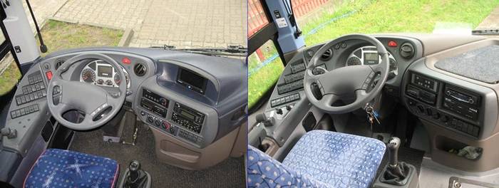 Deska rozdzielcza Evadysa (po lewej) taka sama jak w tańszym modelu Crossway (po prawej). Wzbogacona jedynie o monitor LCD systemu nawigacji satelitarnej