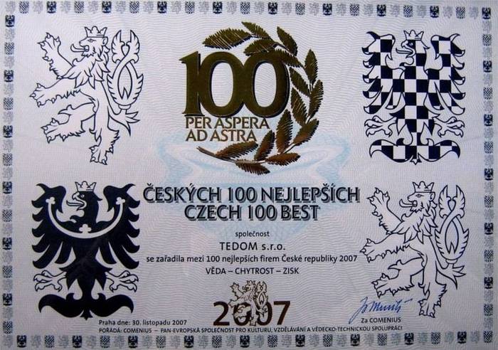 Certyfikat potwierdzający przynależność firmy Tedom s.r.o. do grona 100 najlepszych czeskich przedsiębiorstw. Fot. Tedom Holding