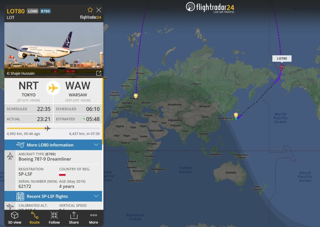 Z Tokio do Warszawy trasą polarną. Pierwszy taki lot dreamlinera LOT-u fot. Flightradar