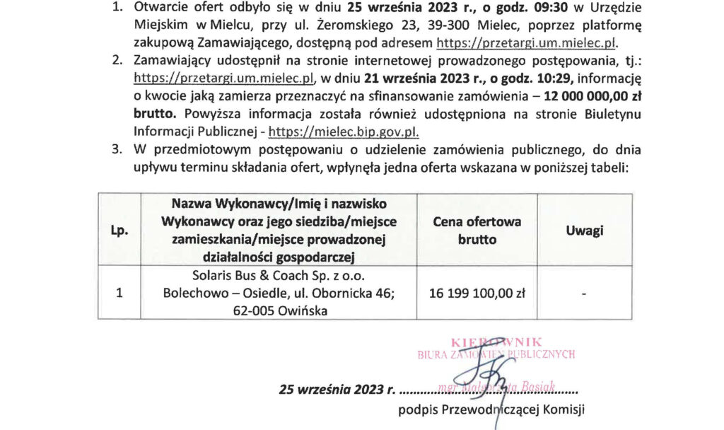 25 września Urząd Miejski w Mielcu otworzył ofertę w przetargu na dostawę pięciu fabrycznie nowych autobusów elektrycznych klasy MIDI.