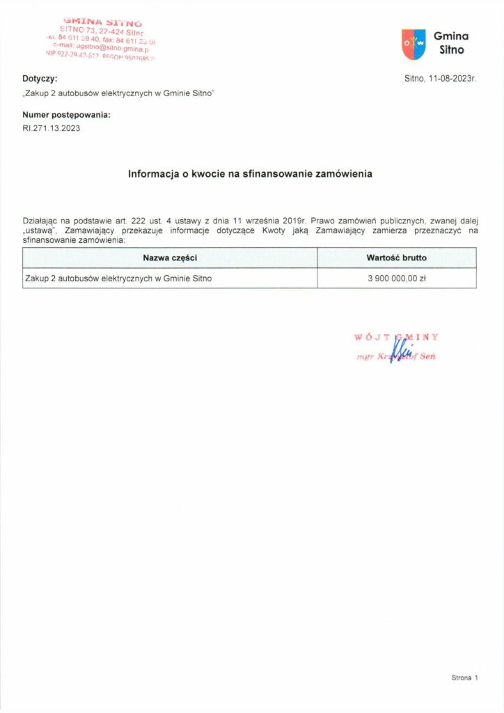 25 września Gmina Sitno otworzył oferty w przetargu na dostawę dwóch autobusów elektrycznych oraz ładowarek.