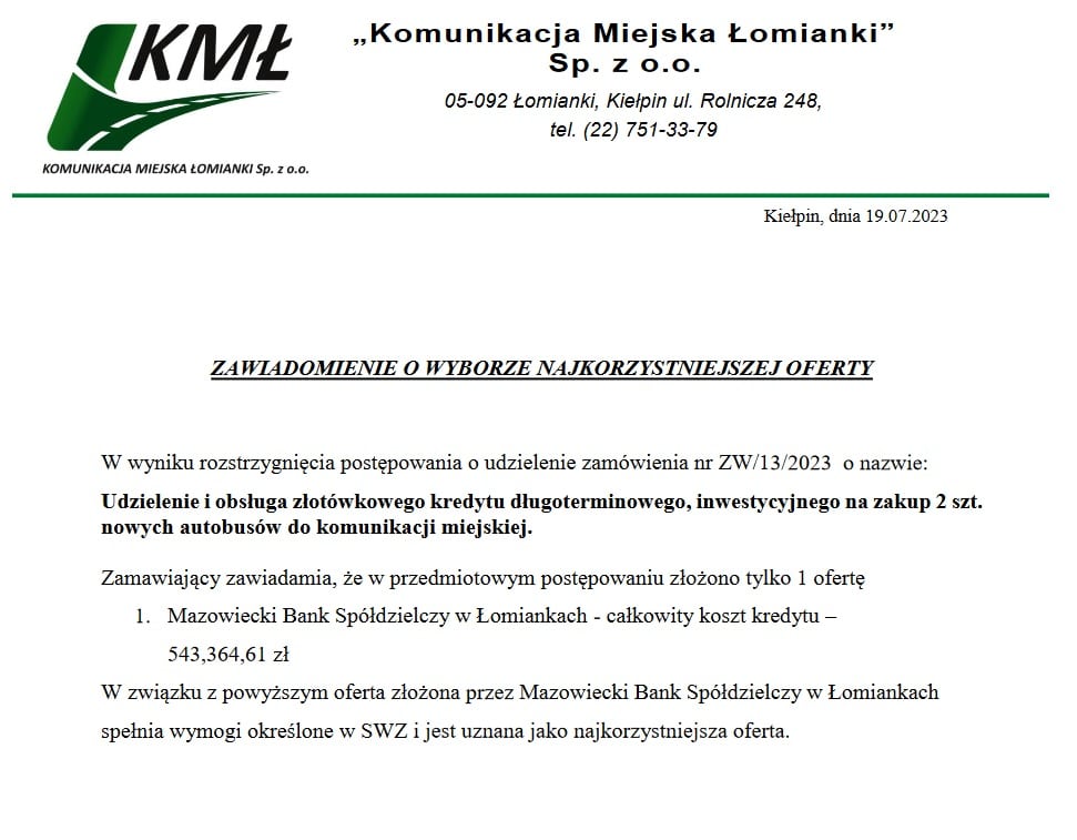 Tylko Solaris w przetargu KM Łomianki. Na dwa autobusy z silnikami Diesla