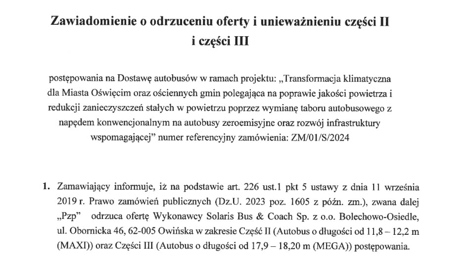MZK Oświęcim "dmucha na zimne" i anuluje 2 zadania na 9 elektrobusów. Przez siedzenia