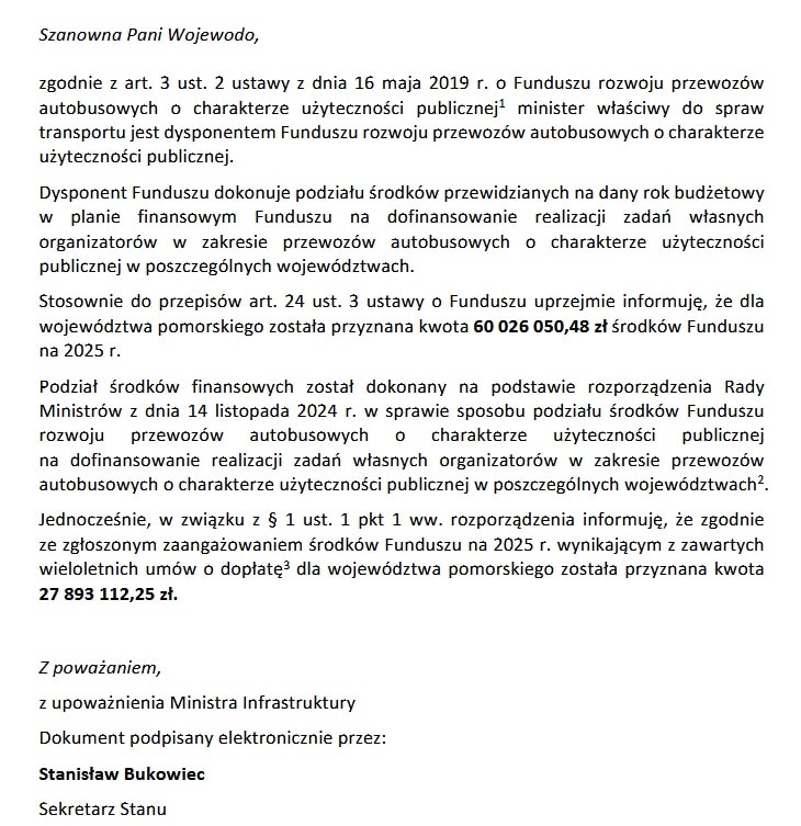 Pomorski FRPA 2025: 88 mln zł na Fundusz Autobusowy, w tym umowy wieloletnie