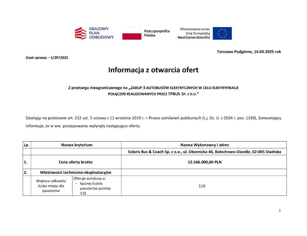 Jedna oferta na trzy autobusy elektryczne dla TPBUS Tarnowo Podgórne