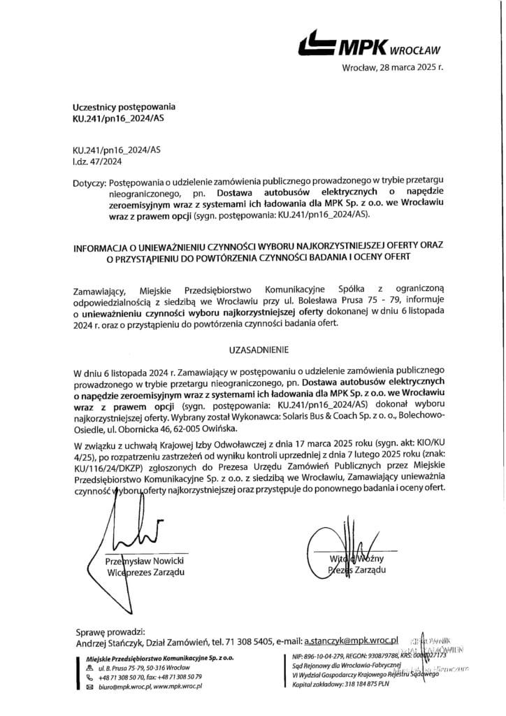 MPK Wrocław mus zrobić krok wstecz i unieważnia przetarg na elektrobusy. Wszystkie oferty odrzucone