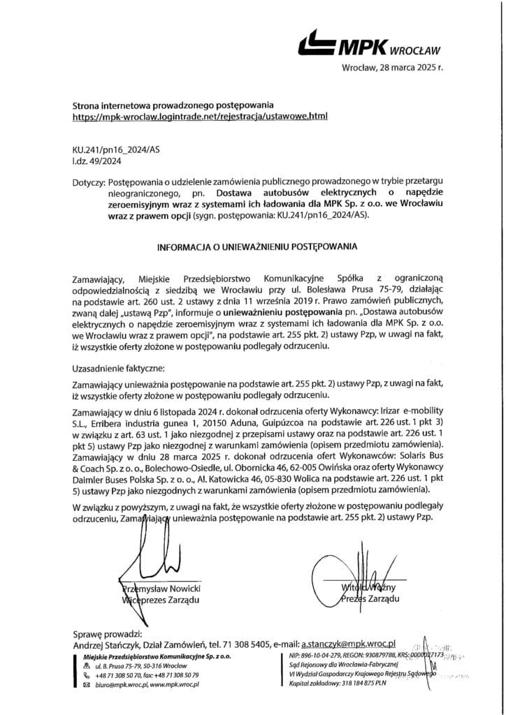 MPK Wrocław mus zrobić krok wstecz i unieważnia przetarg na elektrobusy. Wszystkie oferty odrzucone