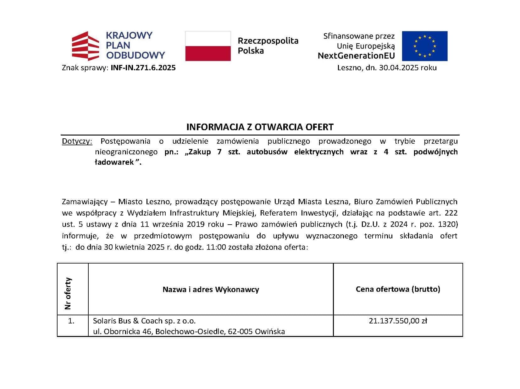 Pierwsze elektrobusy dla Leszna . Od Solarisa? fot. UM Leszno