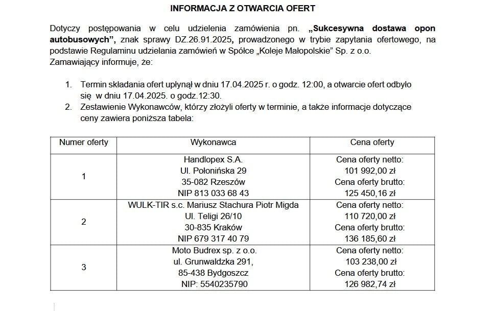 Kto dostarczy opony dla ... Kolei Małopolskich? Trzy oferty pod autobusy / fot. MLD