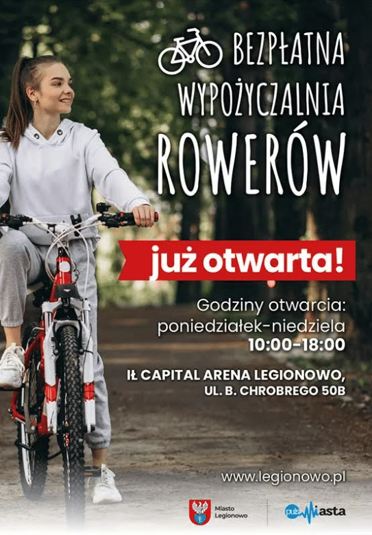 Od 1 kwietnia 2025 roku wznowiła działalność darmowa wypożyczalnia rowerów mieszcząca się w Arenie Legionowo przy ul. Chrobrego 50B.