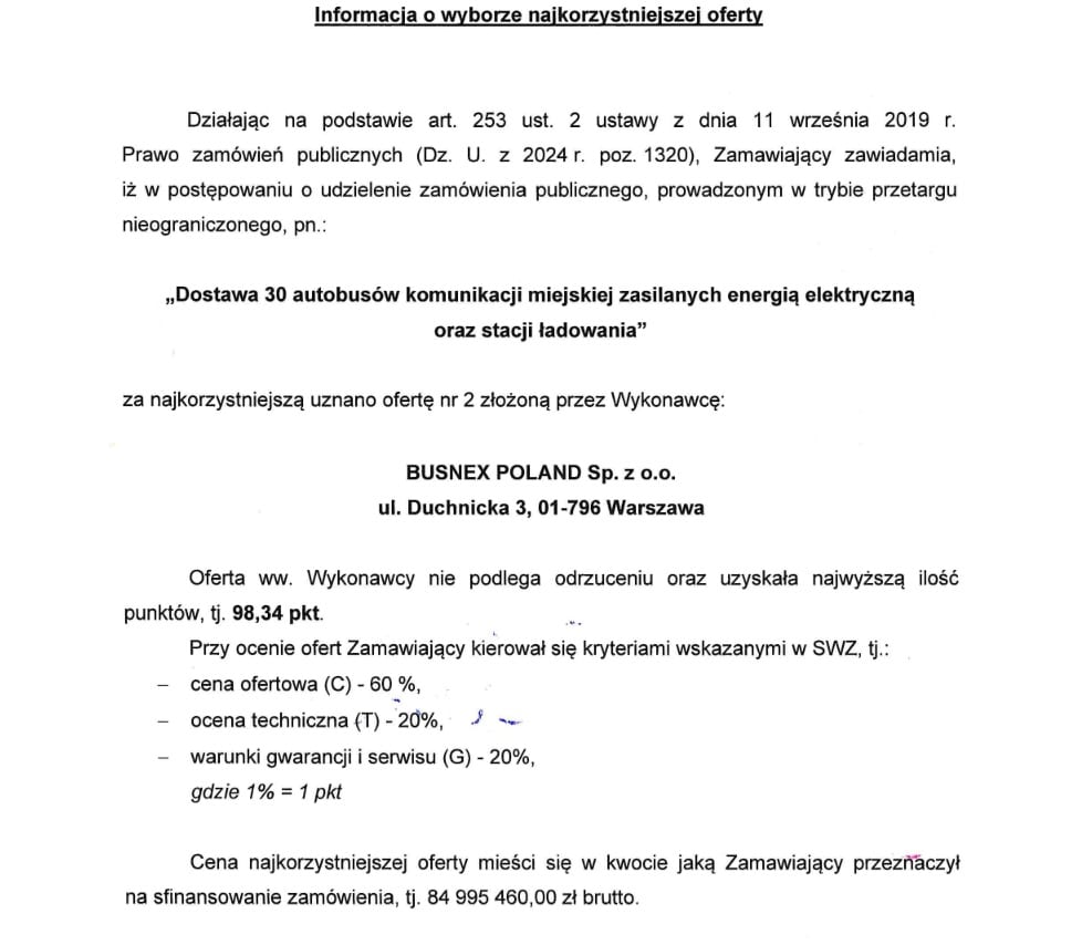 30 elektrycznych autobusów dla Białegostoku. Najkorzystniejsza oferta od Busnex Poland