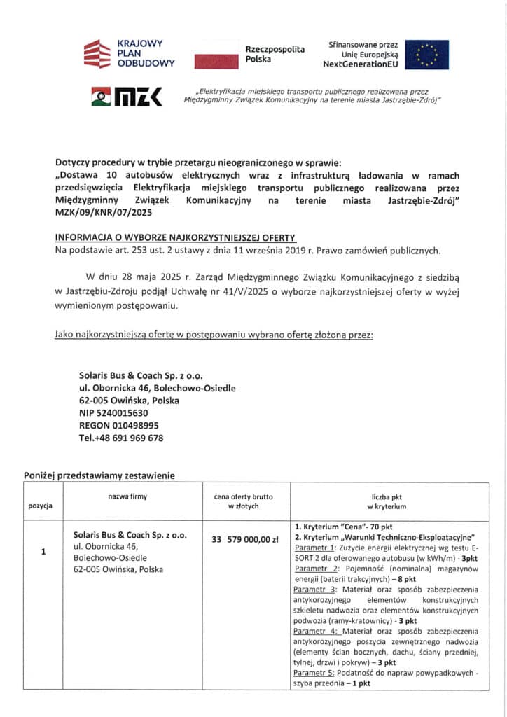 Solaris wygrał w Jastrzębiu. Będzie 10 Urbino electric z infrastrukturą