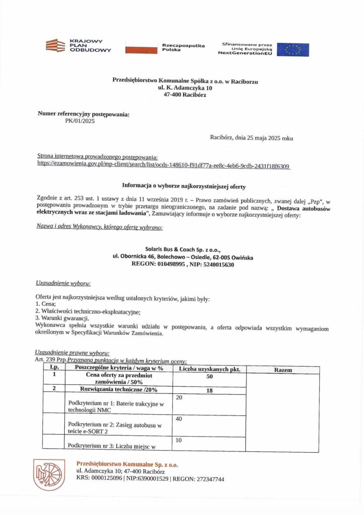 Solaris dostarczy autobusy elektryczne i ładowarki dla Raciborza