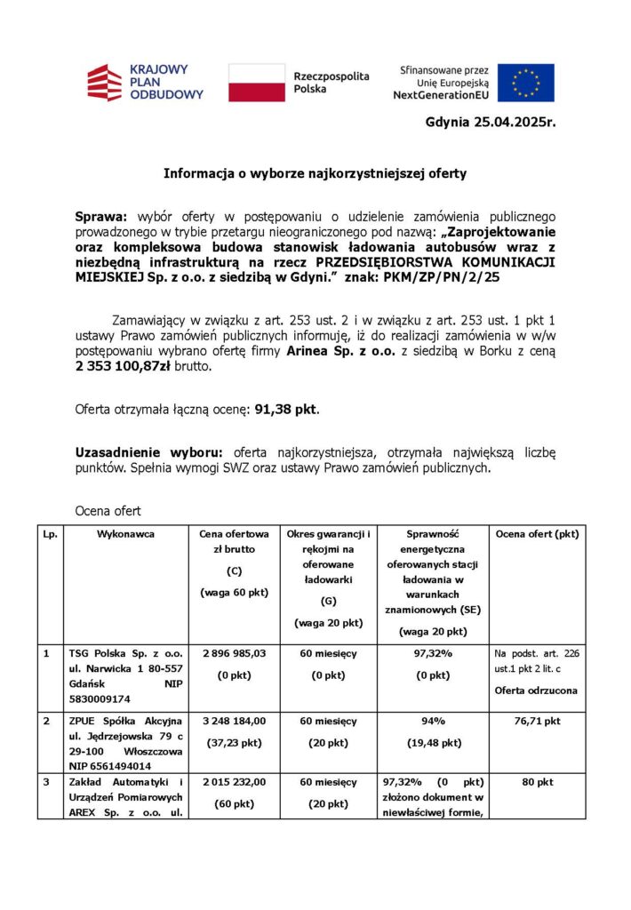 Arinea zrealizuje stacje ładowania elektrobusów w Gdyni za ponad 1,9 mln PLN