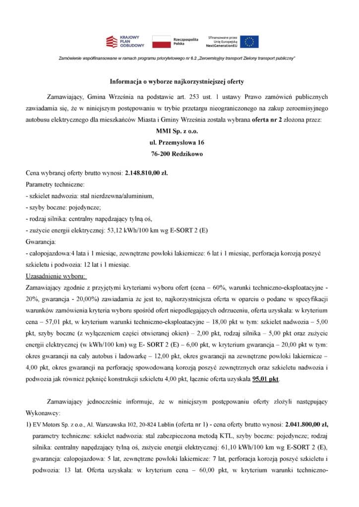 MMI Sp. z o.o. wybrana najkorzystniejszą ofertą na elektryczny autobus dla Gminy Września