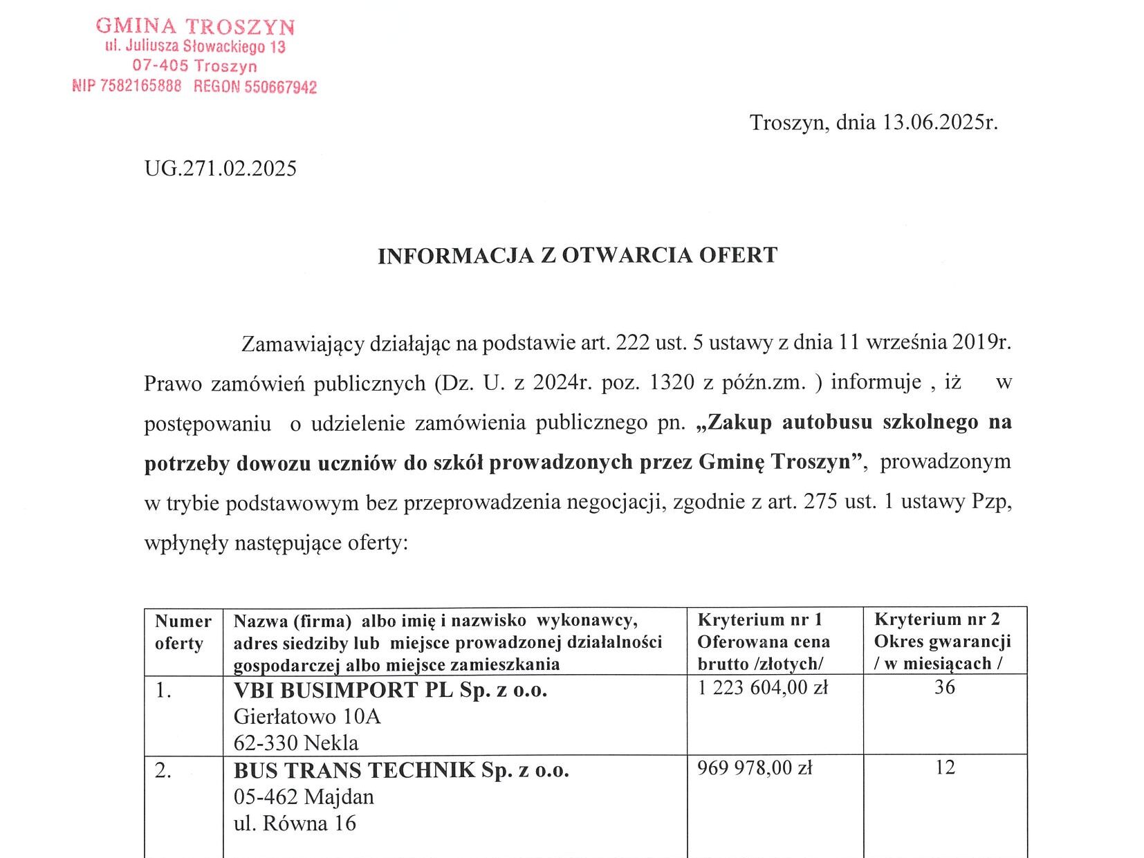 Autobus szkolny dla Gminy Troszyn – znamy oferty