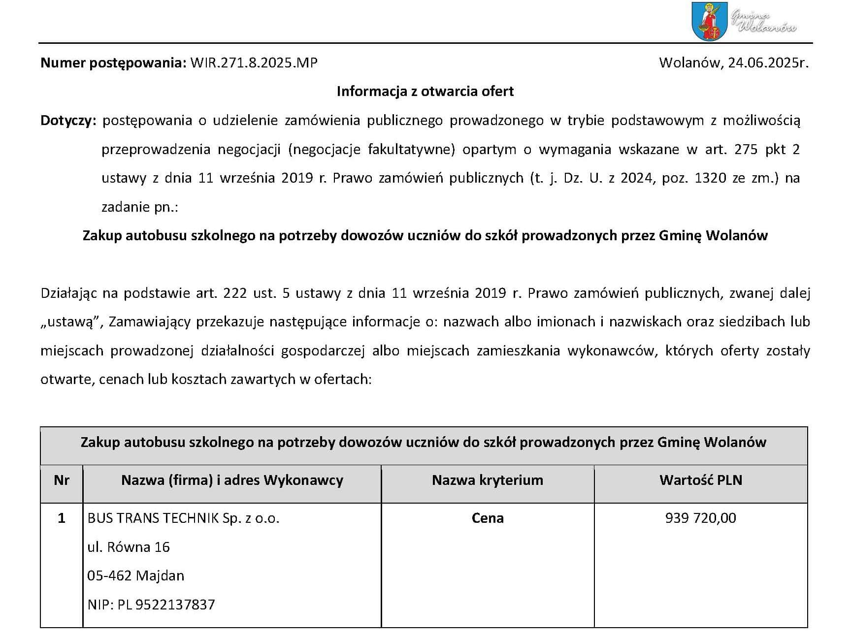 Zakup autobusu szkolnego na potrzeby dowozów uczniów do szkół prowadzonych przez Gminę Wolanów