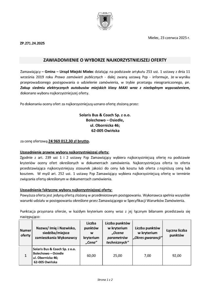 Mielec kupi kolejne autobusy elektryczne. Solaris wygrywa bez konkurencji / fot. UM Mielec