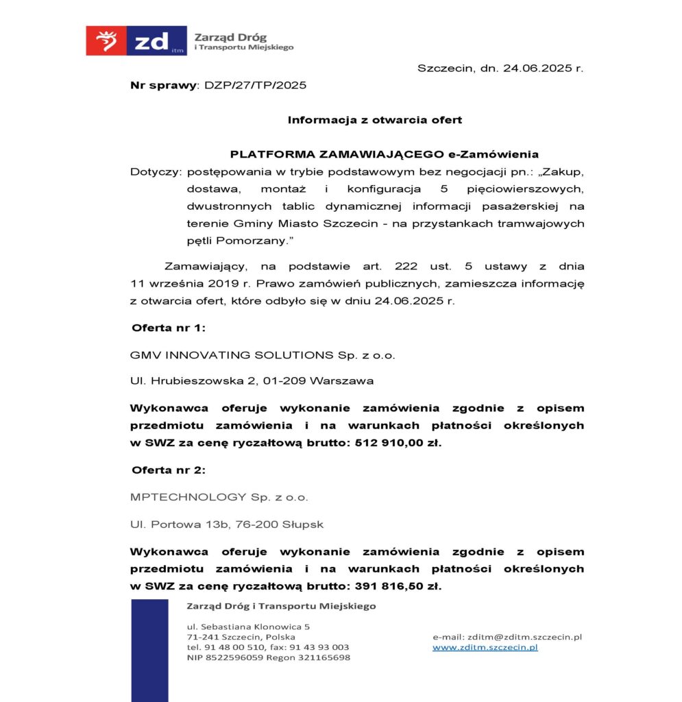 ZDiTM w Szczecinie ma trzy oferty na pięć tablic SDIP na pętli Pomorzany