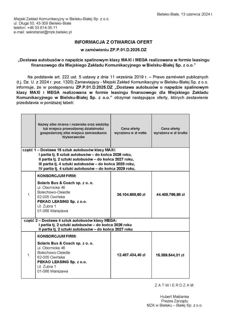 Solaris i Pekao Leasing składa ofertę w przetargu na autobusy spalinowe / fot. UM Bielsko-Biała
