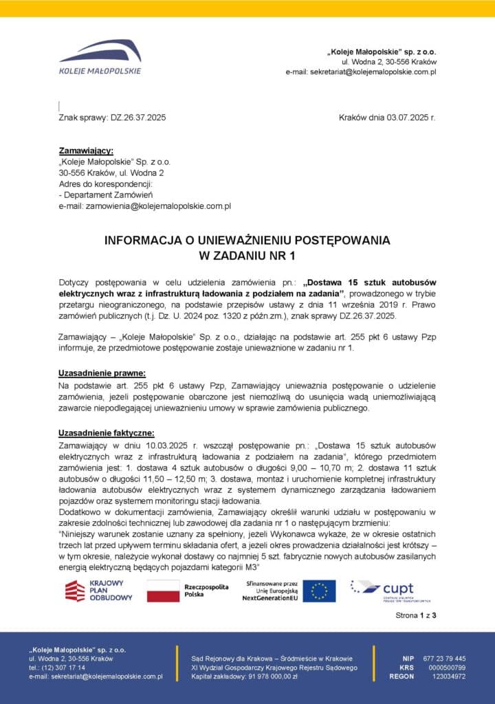 Błąd formalny w warunkach udziału. Koleje Małopolskie wycofują się z zakupu 4 MIDI elektrobusów