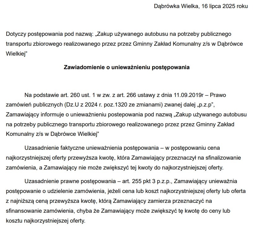 Dąbrówka Wielka unieważnia przetarg na używany autobus. Mercus za drogi