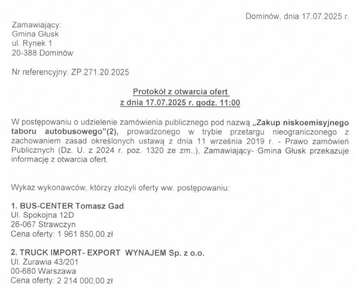 Bus-Center i Mercus z ofertami na autobusy dla Gminy Głusk