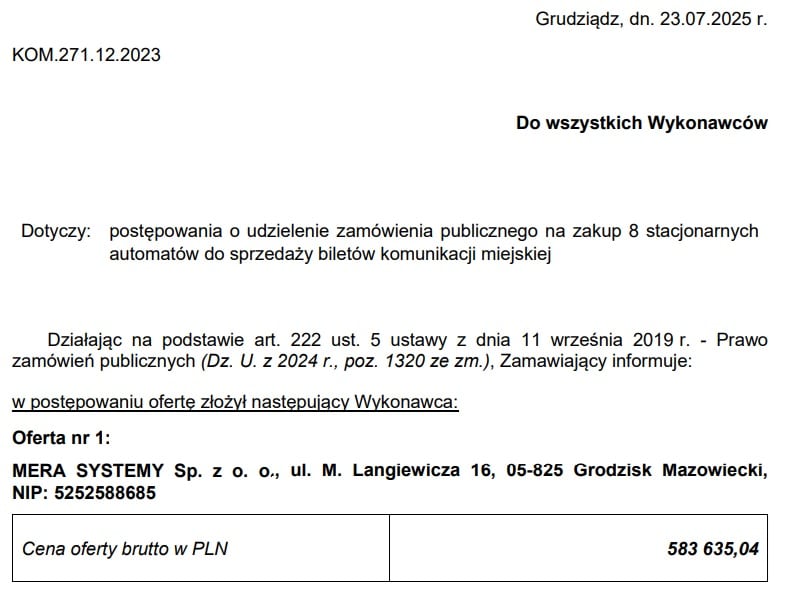 Kto dostarczy biletomaty do Grudziądza? Znamy wykonawcę