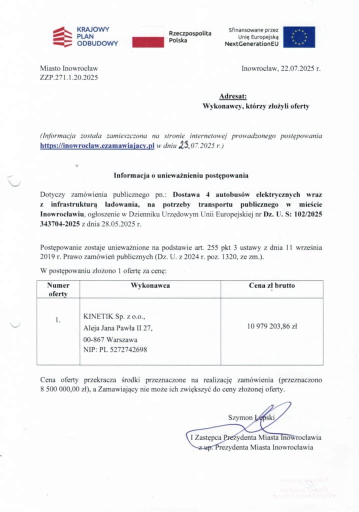 22 lipca 2025 roku Miasto Inowrocław poinformowało o unieważnieniu przetargu na dostawę czterech autobusów elektrycznych wraz z mobilną infrastrukturą ładowania.