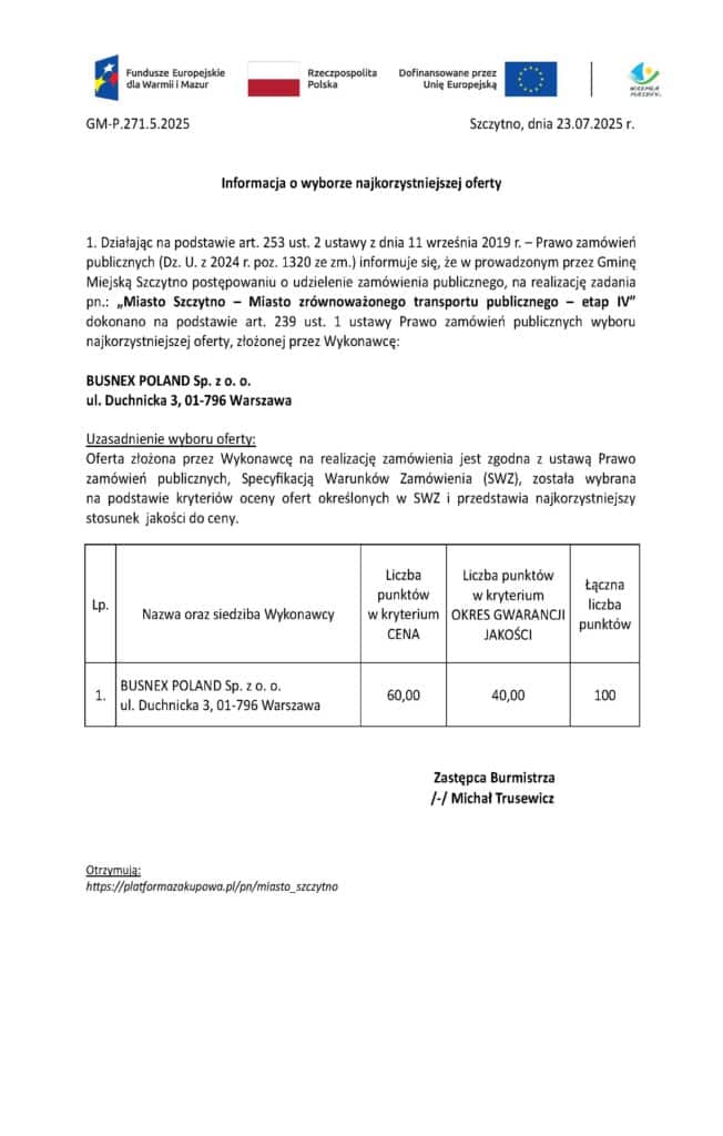 Szczytno kupuje dwa kolejne elektryki. Busnex ponownie wygrywa