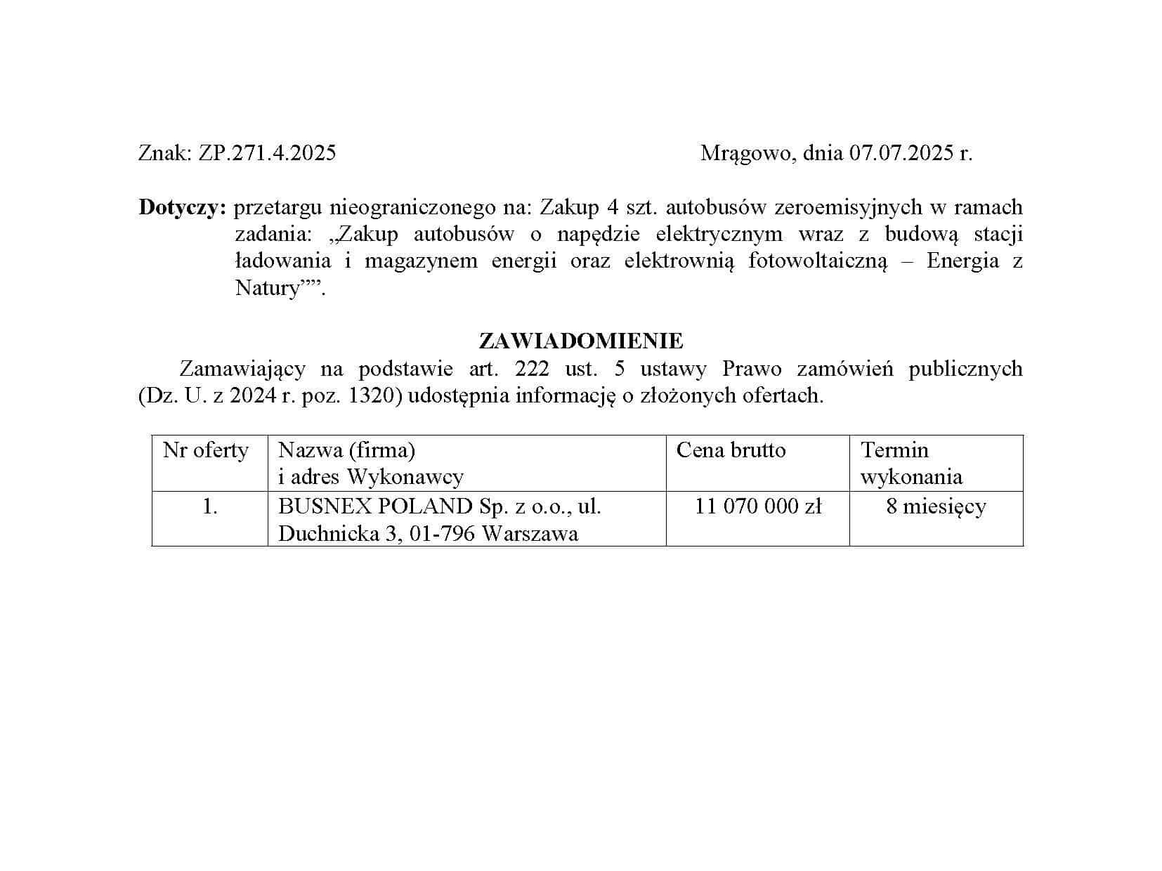 Tylko jeden gracz w grze o kolejne e-busy dla Mrągowa / fot UM Mrągowo