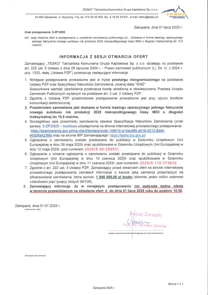 Zaskoczenie pod Tatrami. Zakopiańskie TESKO bez ofert na na leasing autobusu / fot. UM Zakopane