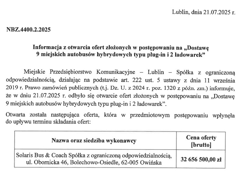 MPK Lublin ma ofertę na hybrydy plug-in. W budżecie