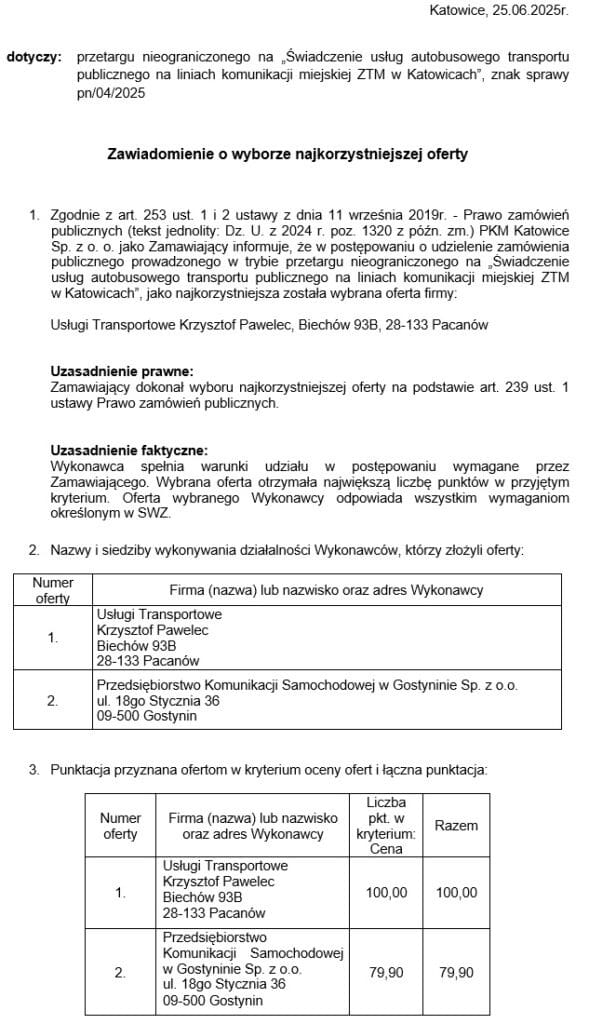 PKM Katowice ma autobusowego podwykonawcę
