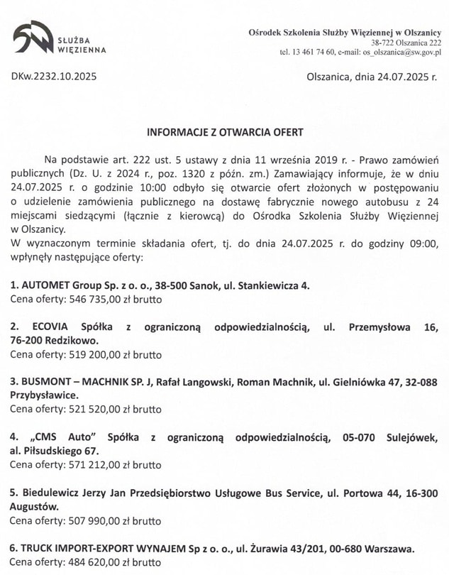 Wysyp ofert na minibusa dla Służby Więziennej w Olszanicy