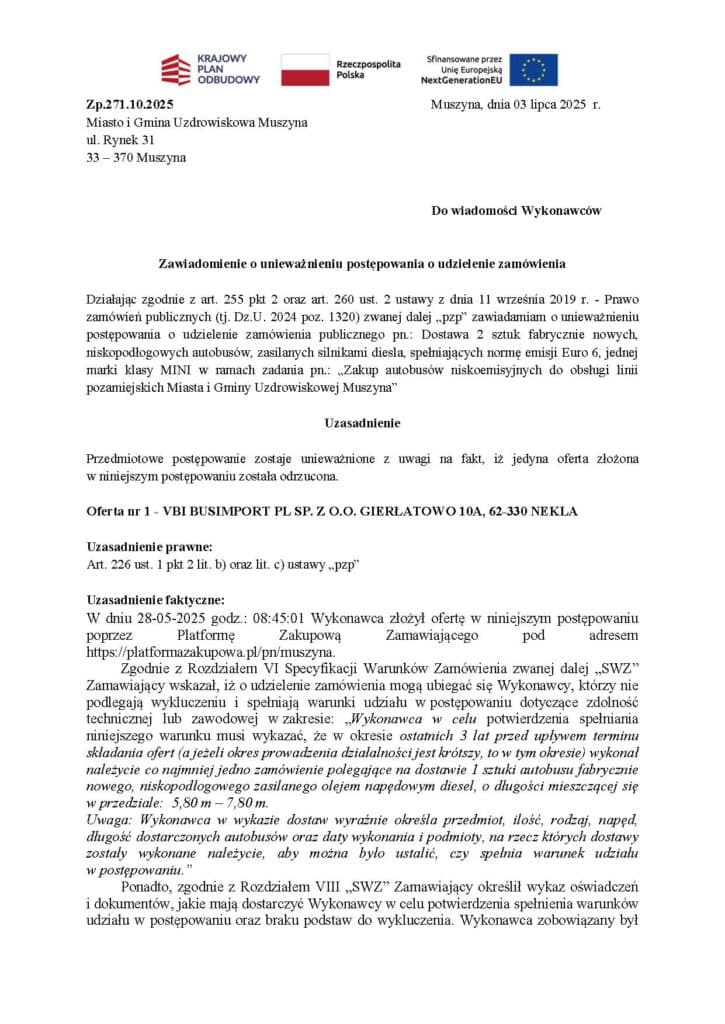 VBI Busimport bez kontraktu w Muszynie – zamówienie na minibusy anulowane