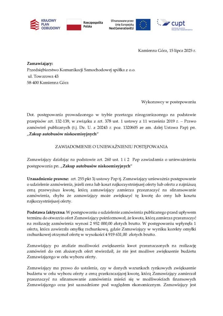 Zaskakująca sytuacja w PKS Kamienna Góra. Przetarg na autobusy anulowany przez błąd w ofercie