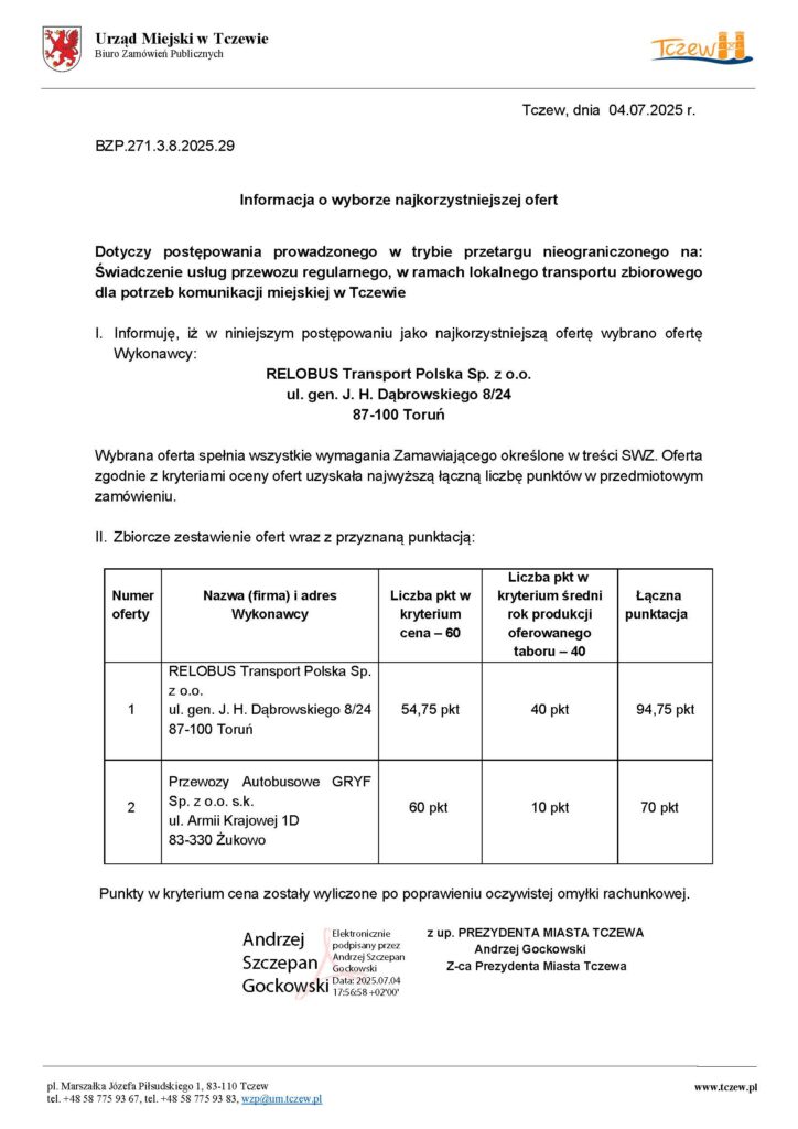 Tczew wybrał operatora komunikacji miejskiej. Relobus wraca do gry